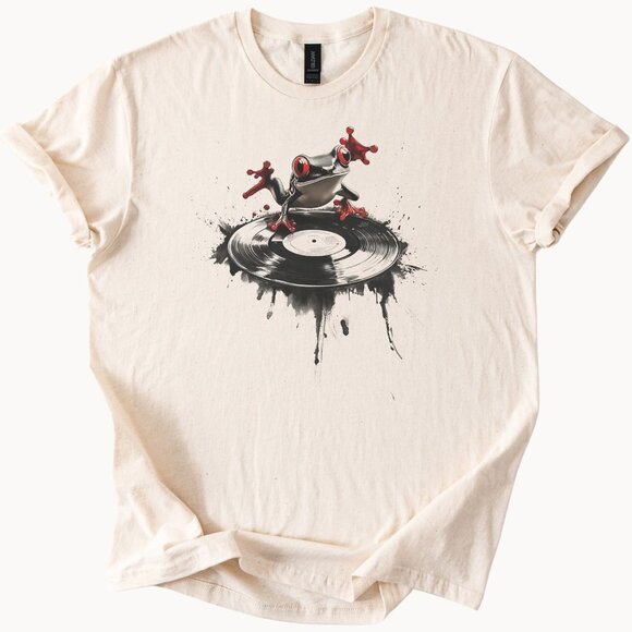 Red Eyed Tree Frog on Record Graphic Tee Fun DJ Frog Music T Shirt - Picture 1 of 6